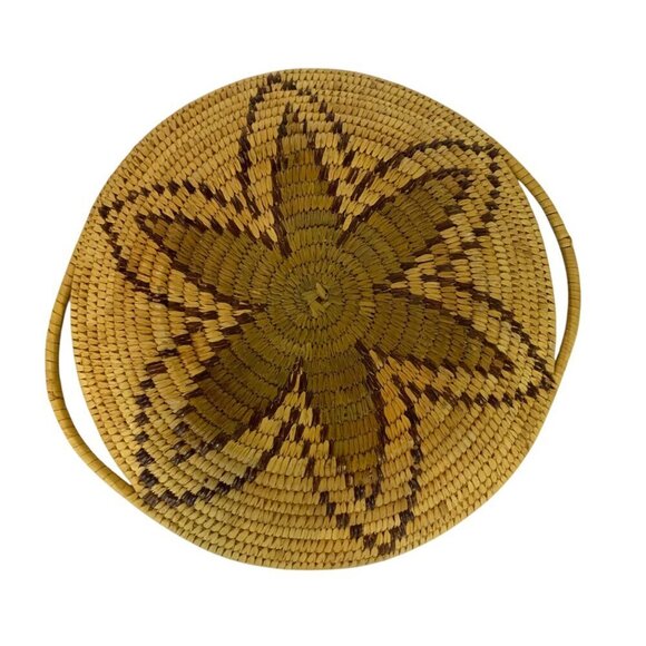 Tightly Coiled Straw Basket Handled Tray Squash Blossom Pattern Southwestern - Picture 6 of 7